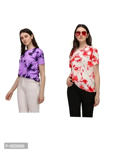 SHRIEZ T-Shirt Over Size Lycra Printed Round Neck T-Shirt with Half-Sleeves for Woman Girls? {Pack of 2} (M, Purple-Red)-thumb0