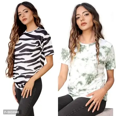 SHRIEZ Oversized Tshirt for Ladies Black Zebra & TD Green Printed T-Shirt Combo (Large)-thumb2