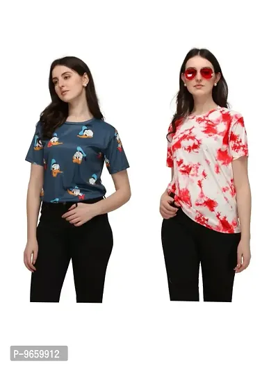 SHRIEZ T-Shirt Over Size Lycra Printed Round Neck T-Shirt with Half-Sleeves for Woman/Girls? {Pack of 2} (M, Blue-Red)