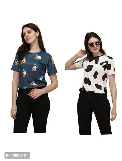 SHRIEZ Tshirt Over Size Lycra Printed Round Neck T-Shirt with Half Sleeves for Woman/Girls [Pack of 2] (M, Blue-Black-White)-thumb0