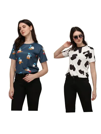 SHRIEZ Tshirt Over Size Lycra Printed Round Neck T-Shirt with Half Sleeves for Woman/Girls [Pack of 2]
