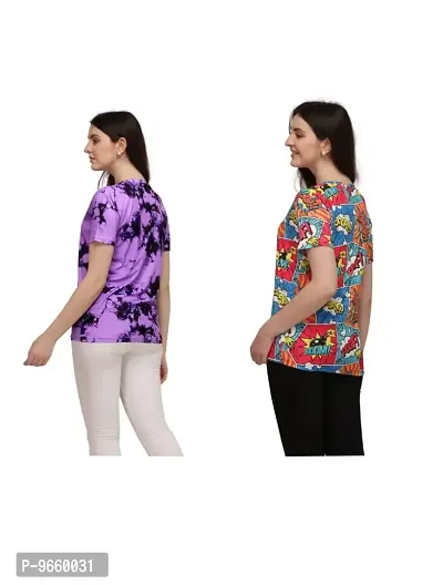 SHRIEZ Tshirt Over Size Lycra Printed Round Neck T-Shirt (Pack of 2) with Half Sleeves for Woman/Girls? (S, Multi-Purple)-thumb2