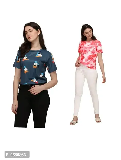 SHRIEZ T-Shirt Over Size Lycra Printed Round Neck T-Shirt with Half-Sleeves for Woman/Girls? {Pack of 2} (M, Gajari-Blue)