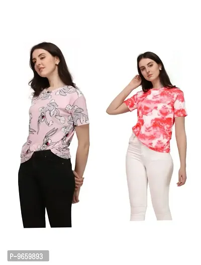 SHRIEZ T-Shirt Over Size Lycra | Printed Round Neck | T-Shirt with Half-Sleeves for WomanGirls? [Pack of 2] (M, Gajari-Peach)-thumb2