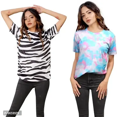 SHRIEZ T-Shirt Over Size Lycra | Printed Round Neck T-Shirt with Half-Sleeves for Woman | Girls? Pack of 2 (M, Zebra-Sky&Pink)