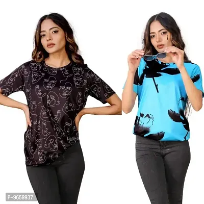 SHRIEZ Oversized Tshirt for Ladies Black Face & Blue Flower Printed T-Shirt Combo (Large)