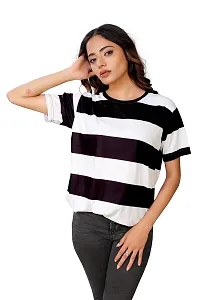 SHRIEZ Oversized T-Shirt for Women, T-Shirt for Women/Girls (Small, Blue White & Black Strip)-thumb3