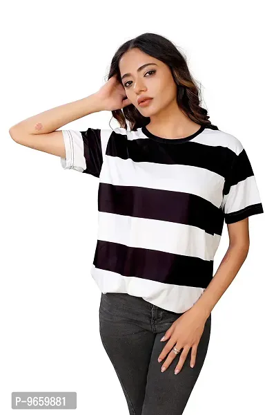 SHRIEZ Oversized T-Shirt for Women, T-Shirt for Women/Girls (Small, Blue White & Black Strip)-thumb4