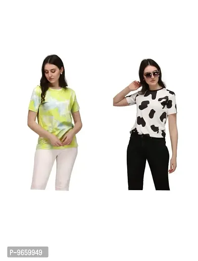 SHRIEZ Tshirt Over Size Lycra Printed Round Neck T-Shirt with Half Sleeves for Woman/Girls [Pack of 2] (S, Yellow-Black-White)