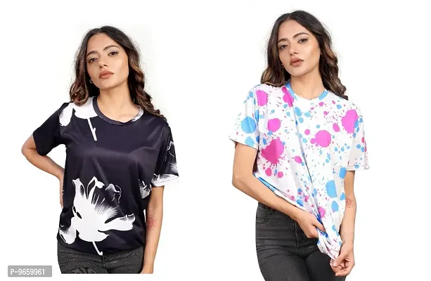 SHRIEZ Oversized Tshirt for Ladies Black Flower & Holi Printed T-Shirt Combo (Small)-thumb0