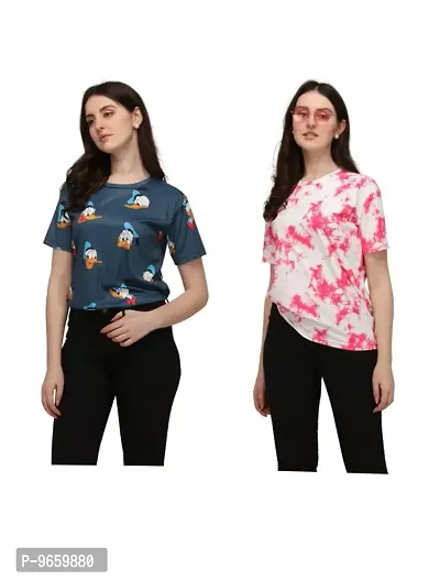 SHRIEZ T-Shirt Over Size Lycra Printed Round Neck T-Shirt with Half-Sleeves for Woman/Girls? {Pack of 2} (L, Blue-Dark Pink)