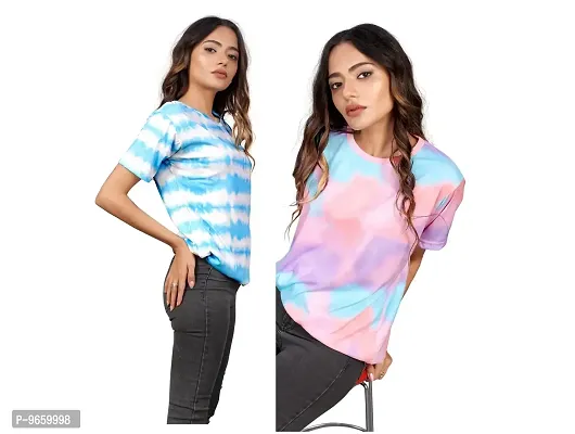 SHRIEZ Oversized T-Shirt for Women, T-Shirt for Women/Girls (Pack of 2) (Large, Blue White & Rainbow)