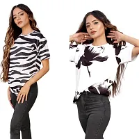 SHRIEZ T-Shirt Over Size Lycra | Printed Round Neck | T-Shirt with Half-Sleeves for Woman | Girls? Pack of 2 (L, Zebra-White)-thumb1