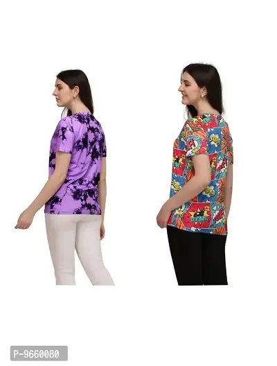 SHRIEZ Tshirt Over Size Lycra Printed Round Neck T-Shirt with Half Sleeves for Woman/Girls? (Pack of 2) (S, Purple-Multi)-thumb2