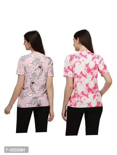 SHRIEZ T-Shirt Over Size Lycra | Printed Round Neck | T-Shirt with Half-Sleeves for WomanGirls? [Pack of 2] (S, Pink-Peach)-thumb2