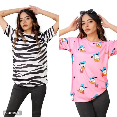 SHRIEZ T-Shirt Over Size Lycra | Printed Round Neck | T-Shirt with Half-Sleeves for Woman | Girls? Pack of 2. (L, Zebra-Pink)