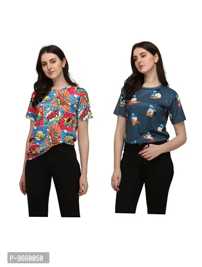 SHRIEZ Tshirt Over Size Lycra Printed Round Neck T-Shirt (Pack of 2) with Half Sleeves for Woman/Girls? (M, Multi-Nevy)-thumb0