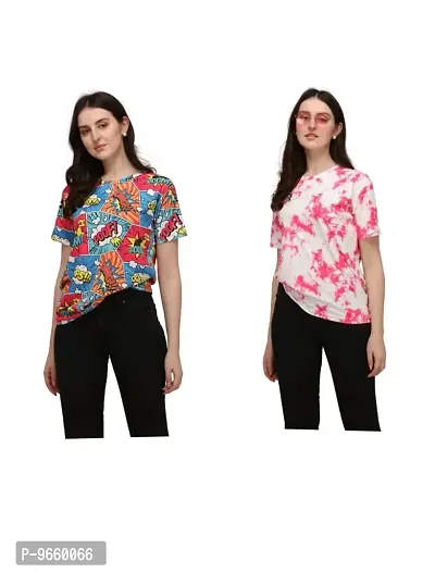 SHRIEZ Tshirt Over Size Lycra Printed Round Neck T-Shirt (Pack of 2) with Half Sleeves for Woman/Girls? (S, Multi-Whie-Pink)