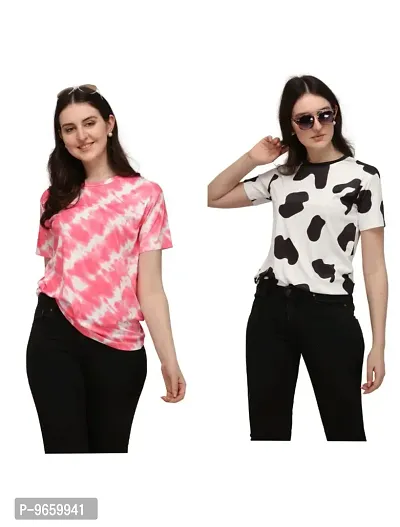 SHRIEZ Tshirt Over Size Lycra Printed Round Neck T-Shirt with Half Sleeves for Woman/Girls [Pack of 2] (S, Pink-Black-White)