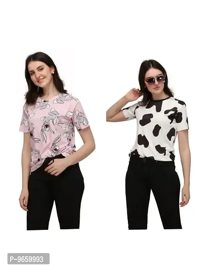 SHRIEZ Tshirt Over Size Lycra Printed Round Neck T-Shirt with Half Sleeves for Woman/Girls [Pack of 2] (XL, Light Pink-Black-White)