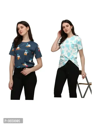 SHRIEZ T-Shirt Over Size Lycra Printed Round Neck T-Shirt with Half-Sleeves for Woman/Girls? {Pack of 2} (XL, Blue-Sky)