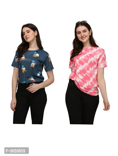 SHRIEZ T-Shirt Over Size Lycra Printed Round Neck T-Shirt with Half-Sleeves for Woman/Girls? {Pack of 2} (M, Blue-Pink)-thumb0