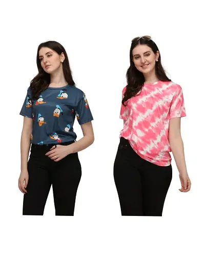 SHRIEZ T-Shirt Over Size Lycra Printed Round Neck T-Shirt with Half-Sleeves for Woman/Girls? {Pack of 2}