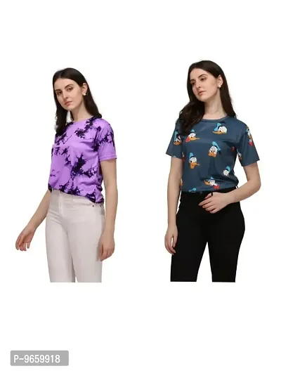 SHRIEZ T-Shirt Over Size Lycra Printed Round Neck T-Shirt with Half-Sleeves for Woman/Girls? {Pack of 2} (S, Purple-Blue)