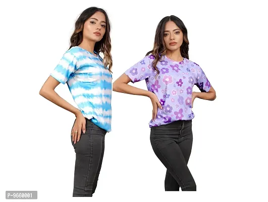 SHRIEZ Oversized T-Shirt for Women, T-Shirt for Women/Girls (Pack of 2) (X-Large, Blue White & Purple Flower)