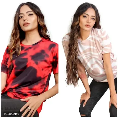 SHRIEZ Oversized Tshirt for Ladies Red Black & Brown Zebra Printed T-Shirt Combo (Small)