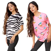 SHRIEZ T-Shirt Over Size Lycra | Printed Round Neck | T-Shirt with Half-Sleeves for Woman | Girls? Pack of 2. (L, Zebra-Pink)-thumb1