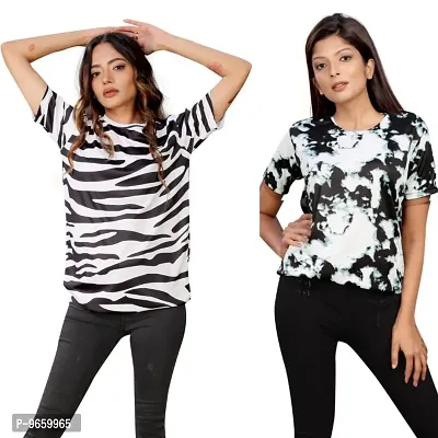 SHRIEZ T-Shirt Over Size Lycra | Printed Round Neck | T-Shirt with Half-Sleeves for Woman | Girls? Pack of 2 (L, Zebra-Black&White)