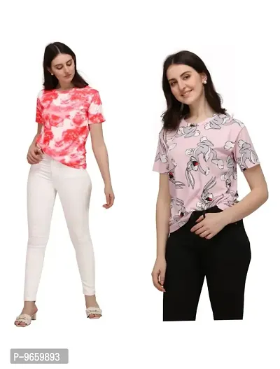 SHRIEZ T-Shirt Over Size Lycra | Printed Round Neck | T-Shirt with Half-Sleeves for WomanGirls? [Pack of 2] (M, Gajari-Peach)-thumb0