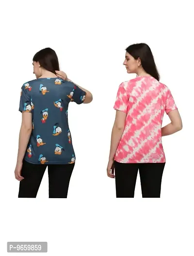 SHRIEZ T-Shirt Over Size Lycra Printed Round Neck T-Shirt with Half-Sleeves for Woman/Girls? {Pack of 2} (M, Blue-Pink)-thumb2