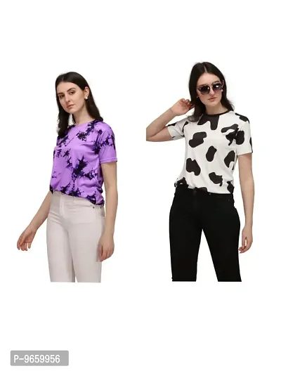 SHRIEZ Tshirt Over Size Lycra Printed Round Neck T-Shirt with Half Sleeves for Woman/Girls [Pack of 2] (M, Purple-Black-White)