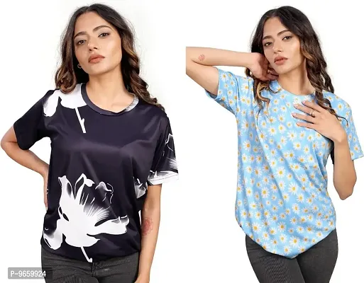 SHRIEZ Oversized Tshirt for Ladies Black Flower & Small Sunflower Printed T-Shirt Combo (Large)