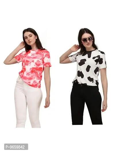 SHRIEZ Tshirt Over Size Lycra Printed Round Neck T-Shirt with Half Sleeves for Woman/Girls [Pack of 2] (M, Gajari-Black-White)