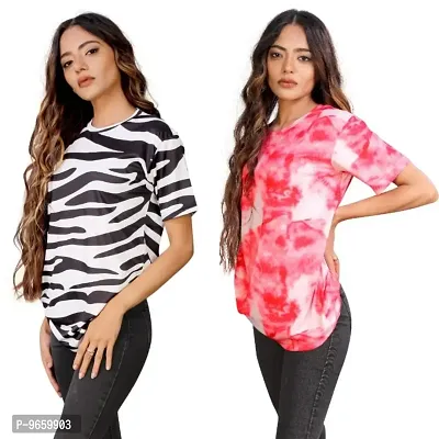 SHRIEZ T-Shirt Over Size Lycra | Printed Round Neck | T-Shirt with Half-Sleeves for Woman | Girls? Pack of 2 (XL, Zebra-Gajari)-thumb3