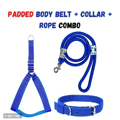 DogaCat&trade; Heavy Quality Combo of Blue 1 inch Padded Body Harness, Dog Rope Blue 12MM with Handle and Blue Collar for Dog , Adjustable Chest Size, Dog Harness  Leash (Medium)