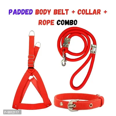 DogaCattrade; Heavy Quality Combo of Red 1 inch Padded Body Harness, Dog Rope Red 12MM with Handle and Red Collar for Dog , Adjustable Chest Size, Dog Harness  Leash (Medium)-thumb0
