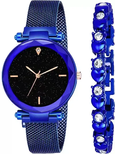 Swadesi Stuff Color Metal Strap Magnet Watch Diamond Bracelet Combo for Women Girls (Black)