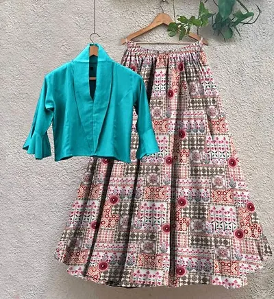Women Rayon Solid Top with Printed Skirt