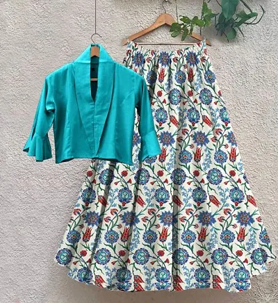 Women Rayon Solid Top with Printed Skirt