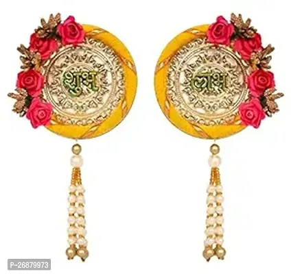 Classic Shubh-Labh Satin Side Door Hangings With Flower Border- 2 Pieces