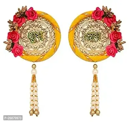 Classic Shubh-Labh Satin Side Door Hangings With Flower Border- 2 Pieces-thumb0