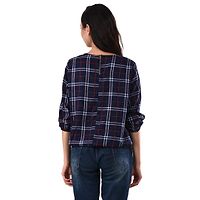 Navy Blue Crop Length Checked Crepe Tops For Women S-thumb1