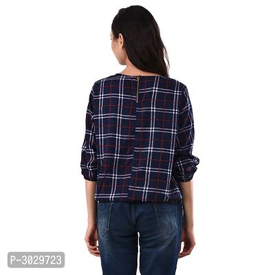 Navy Blue Crop Length Checked Crepe Tops For Women S-thumb2
