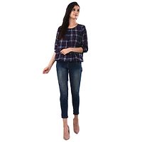 Navy Blue Crop Length Checked Crepe Tops For Women S-thumb2