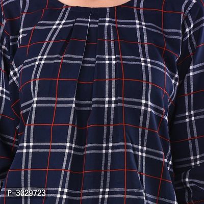 Navy Blue Crop Length Checked Crepe Tops For Women S-thumb5