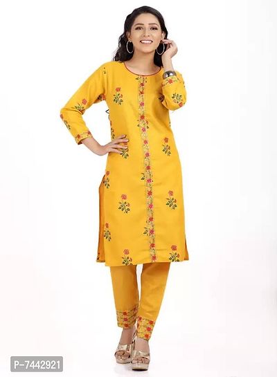 Yellow Cotton Embroidered Kurtas For Women